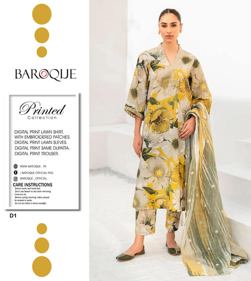 BAROQUE Summer Printed Lawn Unstitched Ladies (3 Piece) Suit 2025